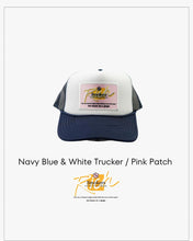 Load image into Gallery viewer, Two Toned Navy &amp; White with Pink Patch- 5 Panel High Crown RS Trucker Hat
