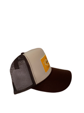 Load image into Gallery viewer, Two Toned Brown &amp; Tan with Gold Rich Box Logo - 5 Panel High Crown Trucker Hat
