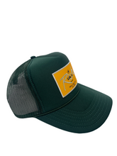Load image into Gallery viewer, Hunter Green with Gold Rich Box Logo- 5 Panel High Crown Trucker Hat
