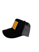 Load image into Gallery viewer, All Black with Gold Rich Box Logo- 5 Panel High Crown Kids Trucker Hat
