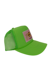 Load image into Gallery viewer, Neon Green with Pink Rich Box Logo- 5 Panel High Crown Trucker Hat
