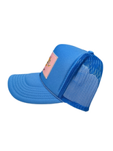 Load image into Gallery viewer, Carolina Blue with Pink Rich Box Logo- 5 Panel High Crown Trucker Hat
