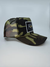 Load image into Gallery viewer, Camouflage with Black Patch - 5 Panel High Crown RS Trucker Hat
