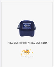 Load image into Gallery viewer, Navy Blue with Navy Blue Patch - 5 Panel High Crown RS Trucker Hat
