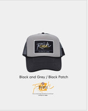 Load image into Gallery viewer, Two Toned Black &amp; Grey with Black Patch - 5 Panel High Crown RS Trucker Hat
