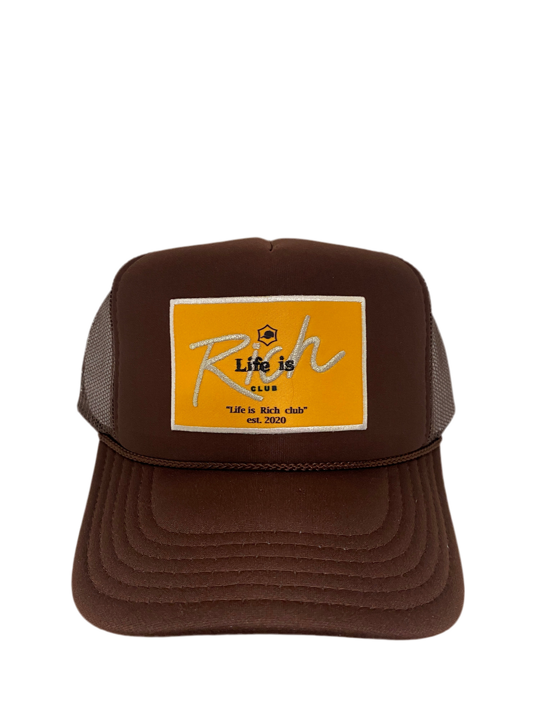 Brown with Gold Rich Box Logo- 5 Panel High Crown Trucker Hat