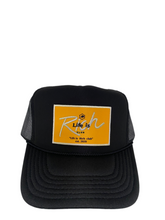 Load image into Gallery viewer, Black with Gold Rich Box Logo- 5 Panel High Crown Trucker Hat
