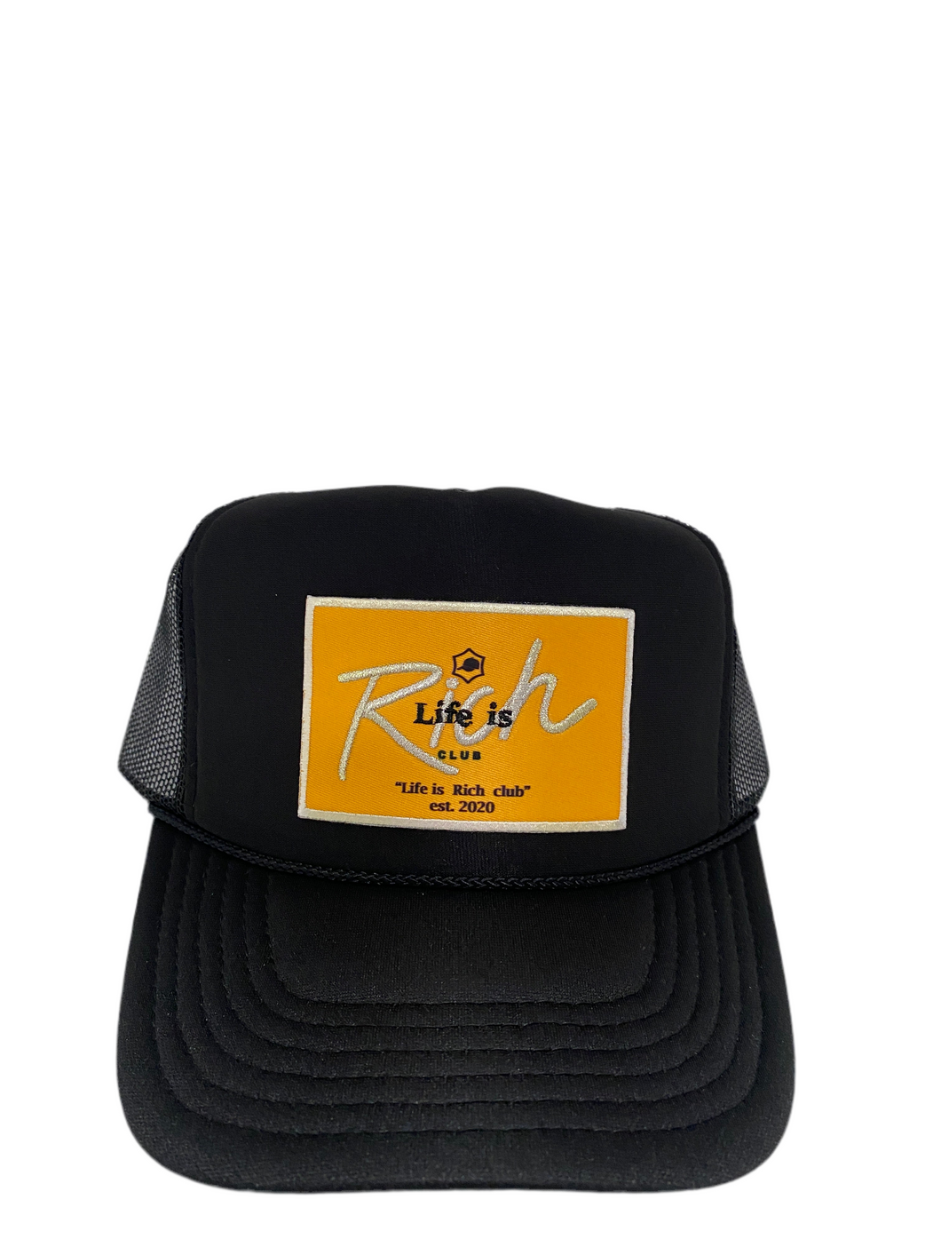 Black with Gold Rich Box Logo- 5 Panel High Crown Trucker Hat