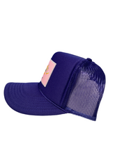 Load image into Gallery viewer, Purple with Pink Rich Box Logo- 5 Panel High Crown Trucker Hat
