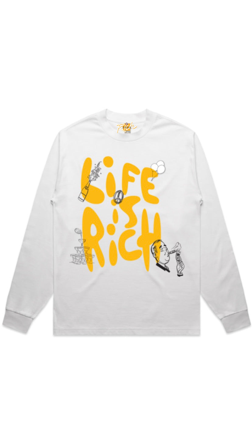 Life is Rich bubble graphic long sleeve white t-shirt / yellow gold