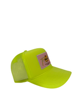 Load image into Gallery viewer, Neon Yellow with Pink Rich Box Logo- 5 Panel High Crown Trucker Hat
