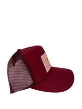 Load image into Gallery viewer, Burgundy with Pink Rich Box Logo - 5 Panel High Crown Trucker Hat
