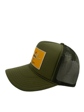 Load image into Gallery viewer, Olive Green with Gold Rich Box Logo- 5 Panel High Crown Trucker Hat
