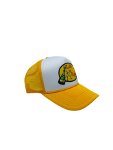 Load image into Gallery viewer, Two Toned Golden Yellow &amp; White with Celebration Logo- 5 Panel High Crown Trucker Hat
