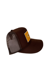 Load image into Gallery viewer, Brown with Gold Rich Box Logo- 5 Panel High Crown Trucker Hat
