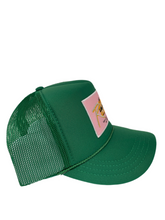 Load image into Gallery viewer, Kelly Green with Pink Rich Box Logo - 5 Panel High Crown Kids Trucker Hat

