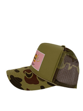 Load image into Gallery viewer, Bape Camo &amp; Olive Green with Pink Rich Box Logo- 5 Panel High Crown Trucker Hat
