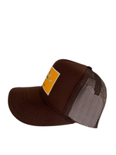 Load image into Gallery viewer, Brown with Gold Rich Box Logo- 5 Panel High Crown Trucker Hat
