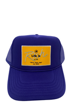 Load image into Gallery viewer, Purple with Gold Rich Box Logo- 5 Panel High Crown Trucker Hat
