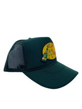 Load image into Gallery viewer, Hunter Green with Celebration Logo- 5 Panel High Crown Trucker Hat
