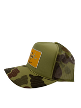 Load image into Gallery viewer, Bape Camo &amp; Olive Green with Gold Rich Box Logo- 5 Panel High Crown Truscker Hat

