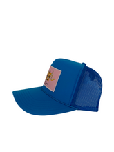 Load image into Gallery viewer, Neon Blue with Pink Rich Box Logo- 5 Panel High Crown Trucker Hat
