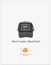 Load image into Gallery viewer, Black with Black Patch - 5 Panel High Crown RS Trucker Hat
