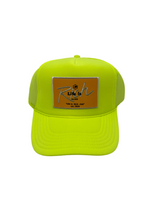 Load image into Gallery viewer, Neon Yellow with Gold Rich Box Logo - 5 Panel High Crown Trucker Hat
