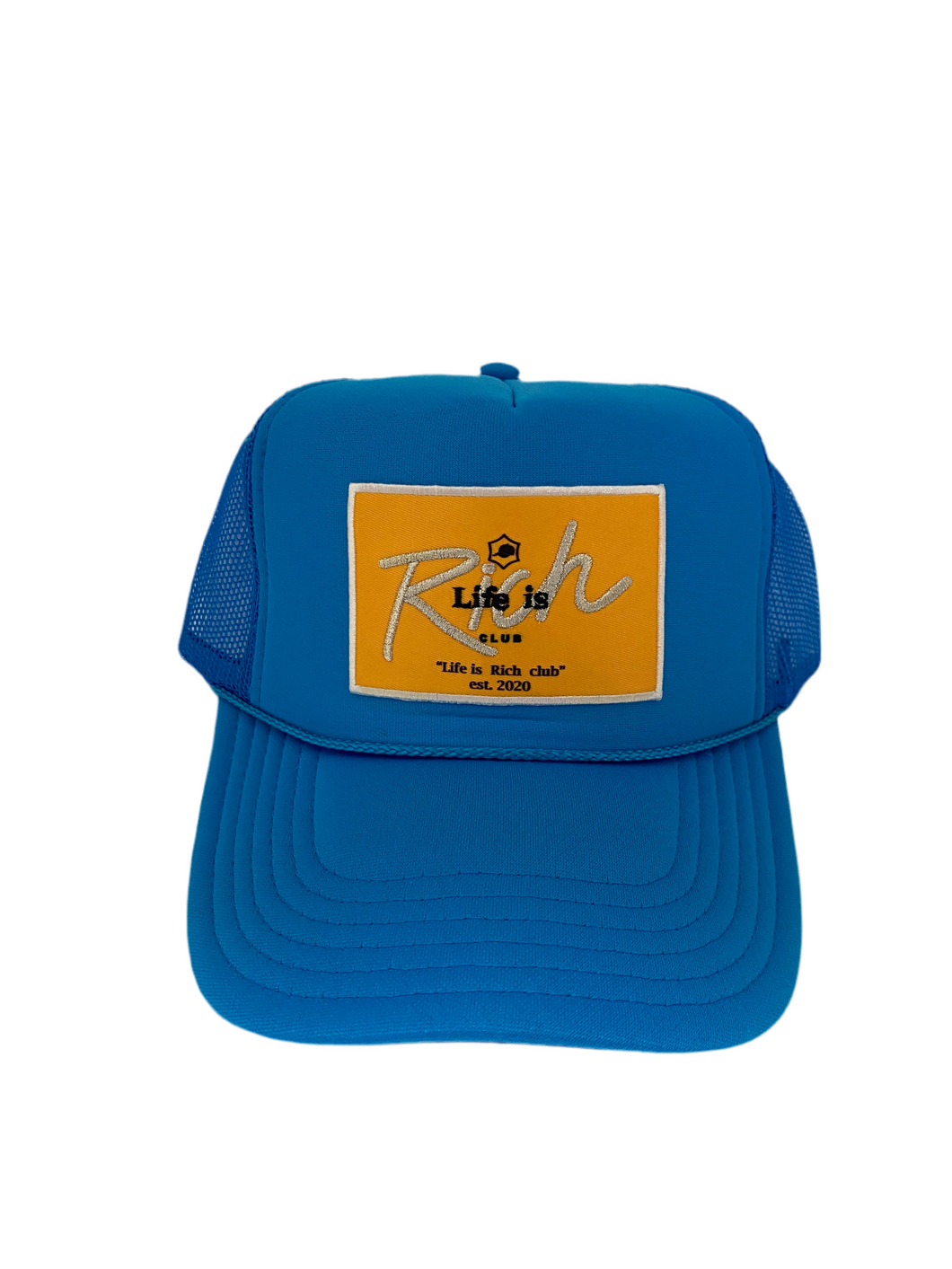 Neon Blue with Gold Rich Box Logo - 5 Panel High Crown Trucker Hat