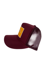 Load image into Gallery viewer, Maroon Wine with Gold Rich Box Logo - 5 Panel High Crown Trucker Hat

