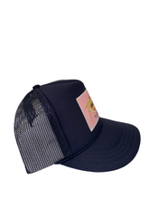 Load image into Gallery viewer, Navy Blue with Pink Rich Box Logo - 5 Panel High Crown Kids Trucker Hat
