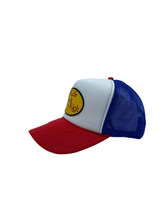 Load image into Gallery viewer, Red,White,&amp; Blue with Celebration Logo- 5 Panel High Crown Trucker Hat
