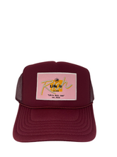 Load image into Gallery viewer, Maroon Wine with Pink Rich Box Logo - 5 Panel High Crown Trucker Hat
