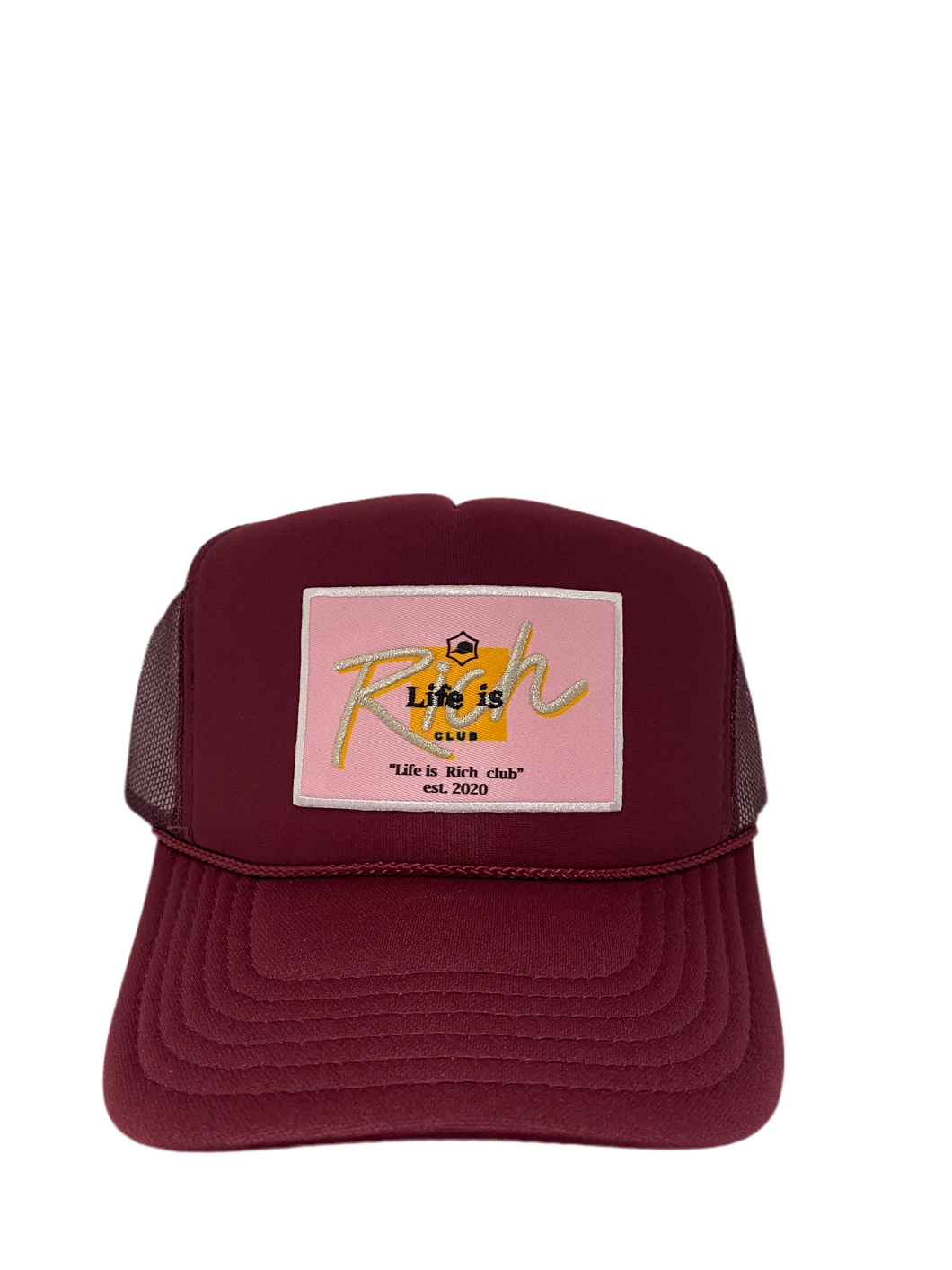 Maroon Wine with Pink Rich Box Logo - 5 Panel High Crown Trucker Hat