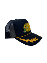Load image into Gallery viewer, All Black &amp; Gold Sailor with Celebration Logo- 5 Panel High Crown Trucker Hat
