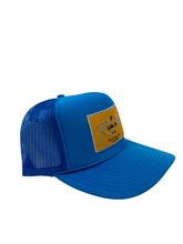 Load image into Gallery viewer, Neon Blue with Gold Rich Box Logo - 5 Panel High Crown Trucker Hat

