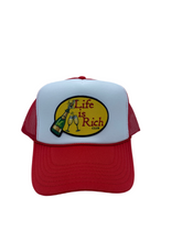 Load image into Gallery viewer, Two Toned Red &amp; White with Celebration Logo- 5 Panel High Crown Trucker Hat
