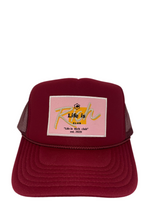Load image into Gallery viewer, Burgundy with Pink Rich Box Logo - 5 Panel High Crown Trucker Hat
