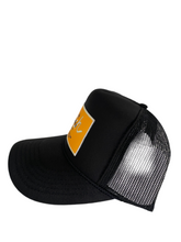 Load image into Gallery viewer, Black with Gold Rich Box Logo- 5 Panel High Crown Trucker Hat
