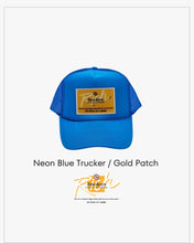 Load image into Gallery viewer, Neon Blue with Gold Patch - 5 Panel High Crown RS Trucker Hat
