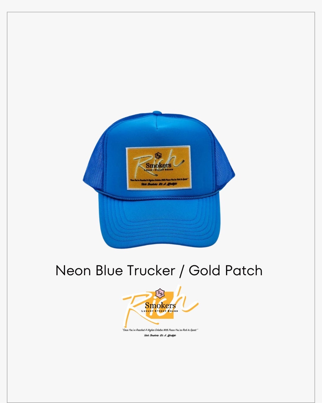 Neon Blue with Gold Patch - 5 Panel High Crown RS Trucker Hat