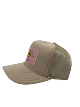 Load image into Gallery viewer, Bone Tan with Pink Rich Box Logo - 5 Panel High Crown Trucker Hat
