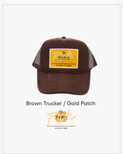 Load image into Gallery viewer, Brown with Gold Patch - 5 Panel High Crown RS Trucker Hat
