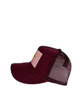 Load image into Gallery viewer, Maroon Wine with Pink Rich Box Logo - 5 Panel High Crown Kids Trucker Hat
