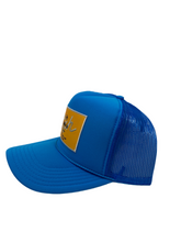 Load image into Gallery viewer, Neon Blue with Gold Rich Box Logo - 5 Panel High Crown Trucker Hat
