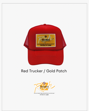 Load image into Gallery viewer, Red with Gold Patch - 5 Panel High Crown RS Trucker Hat
