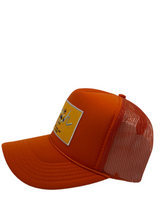 Load image into Gallery viewer, Burnt Orange with Gold Rich Box Logo- 5 Panel High Crown Trucker Hat
