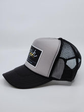 Load image into Gallery viewer, Two Toned Black &amp; Grey with Black Patch - 5 Panel High Crown RS Trucker Hat
