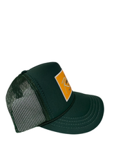 Load image into Gallery viewer, Hunter Green with Gold Rich Box Logo - 5 Panel High Crown Kids Trucker Hat
