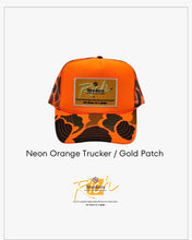 Load image into Gallery viewer, Neon Orange Camo with Gold Patch - 5 Panel High Crown RS Trucker Hat
